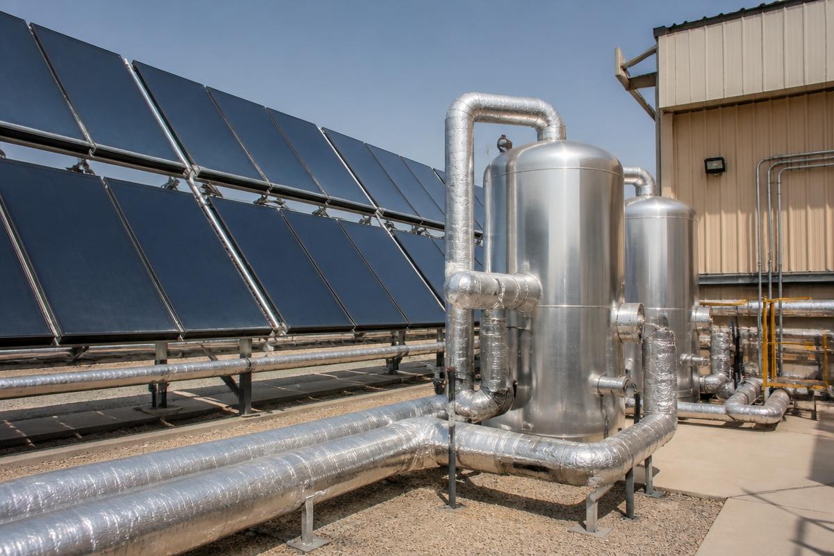 Champ de capteurs solaires thermiques raccordé à des ballons de stockage calorifugés sur un site industriel